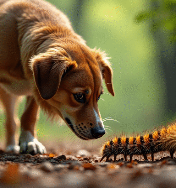 Chien inquiet reniflant une ligne de chenilles processionnaires dans la forêt
