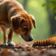 Chien inquiet reniflant une ligne de chenilles processionnaires dans la forêt