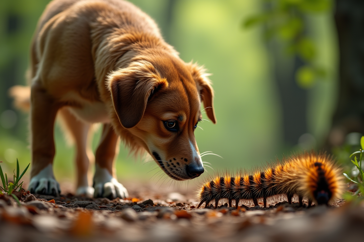Chien inquiet reniflant une ligne de chenilles processionnaires dans la forêt