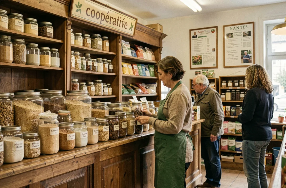 Intérieur de la coopérative bio Chlorophylle à Nantes avec des rayons en bois vintage et un espace vrac rempli de céréales et légumineuses biologiques