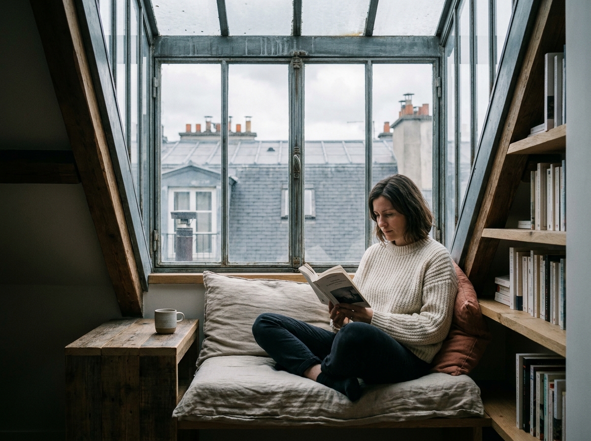 Femme lisant sous une verrière en bois restaurée dans un appartement haussmannien parisien aménagé en coin lecture