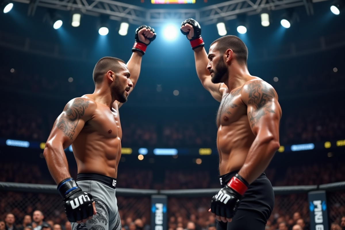 Deux combattants UFC face à face dans l'octogone avec un en vainqueur