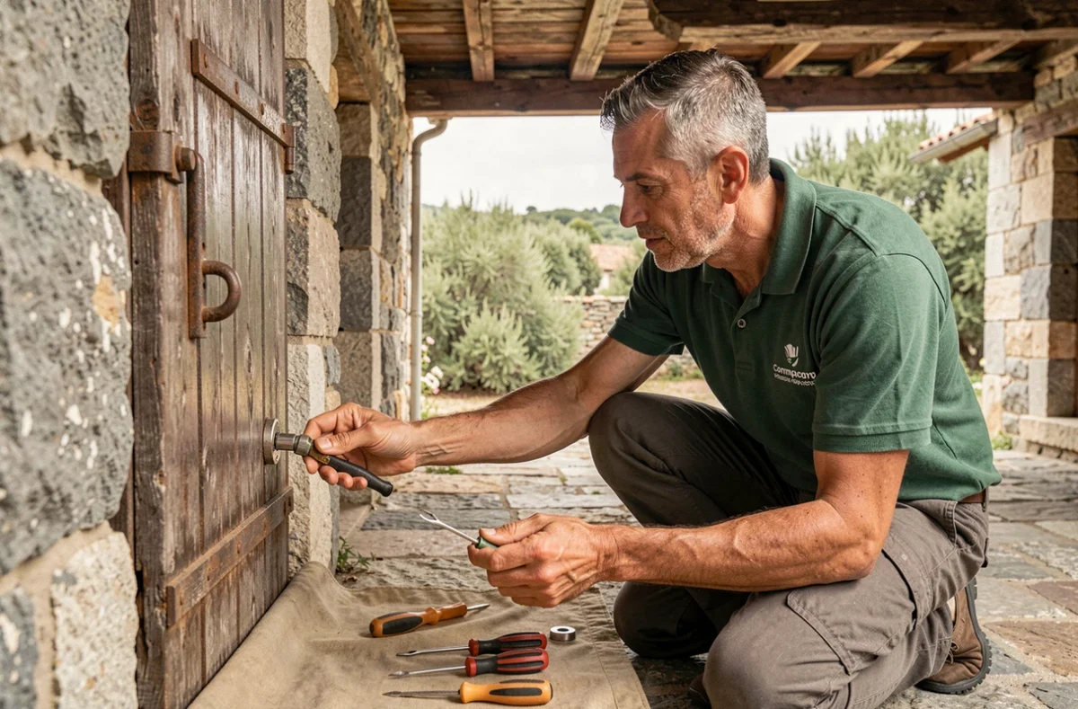 Serrurier généraliste des Compagnons Corses remplaçant un cylindre sur une maison traditionnelle en Haute-Corse