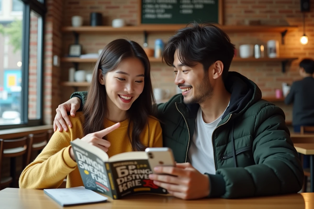 Deux amis comparant la lecture de manga numérique sur smartphone et la version papier scantrad classique dans un café