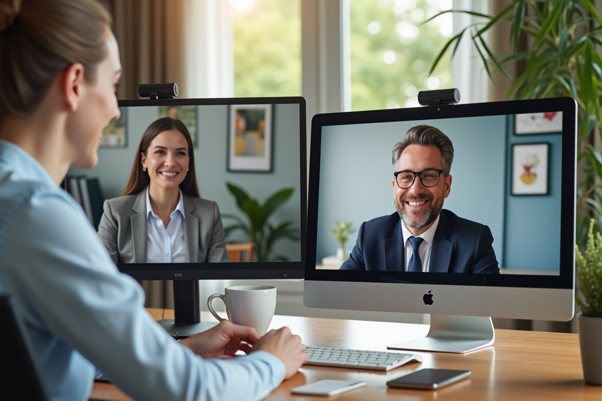 Conférence vidéo entre employeur et salarié dans un environnement organisé