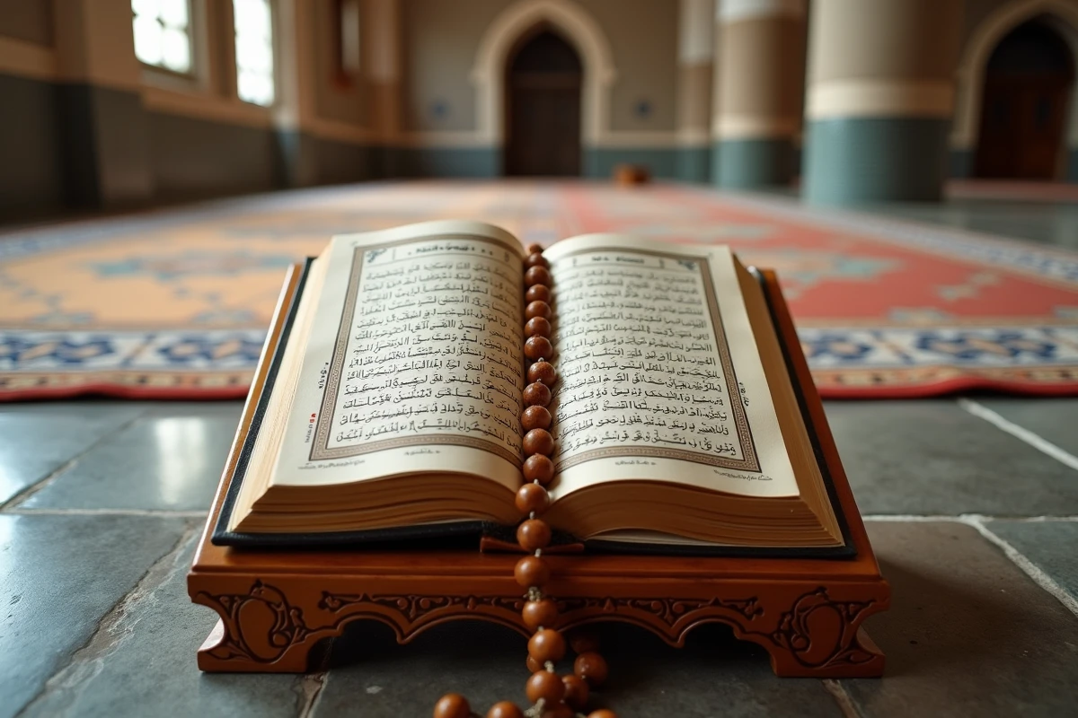 Coran ouvert sur un rehal en bois sculpté avec texte arabe en calligraphie Naskh et chapelet dans une mosquée
