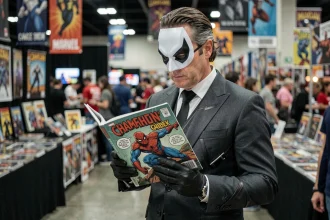 Cosplayeur déguisé en Caméléon Marvel lors d'une convention de comics, tenant un exemplaire de Spider-Man