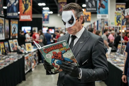 Cosplayeur déguisé en Caméléon Marvel lors d'une convention de comics, tenant un exemplaire de Spider-Man