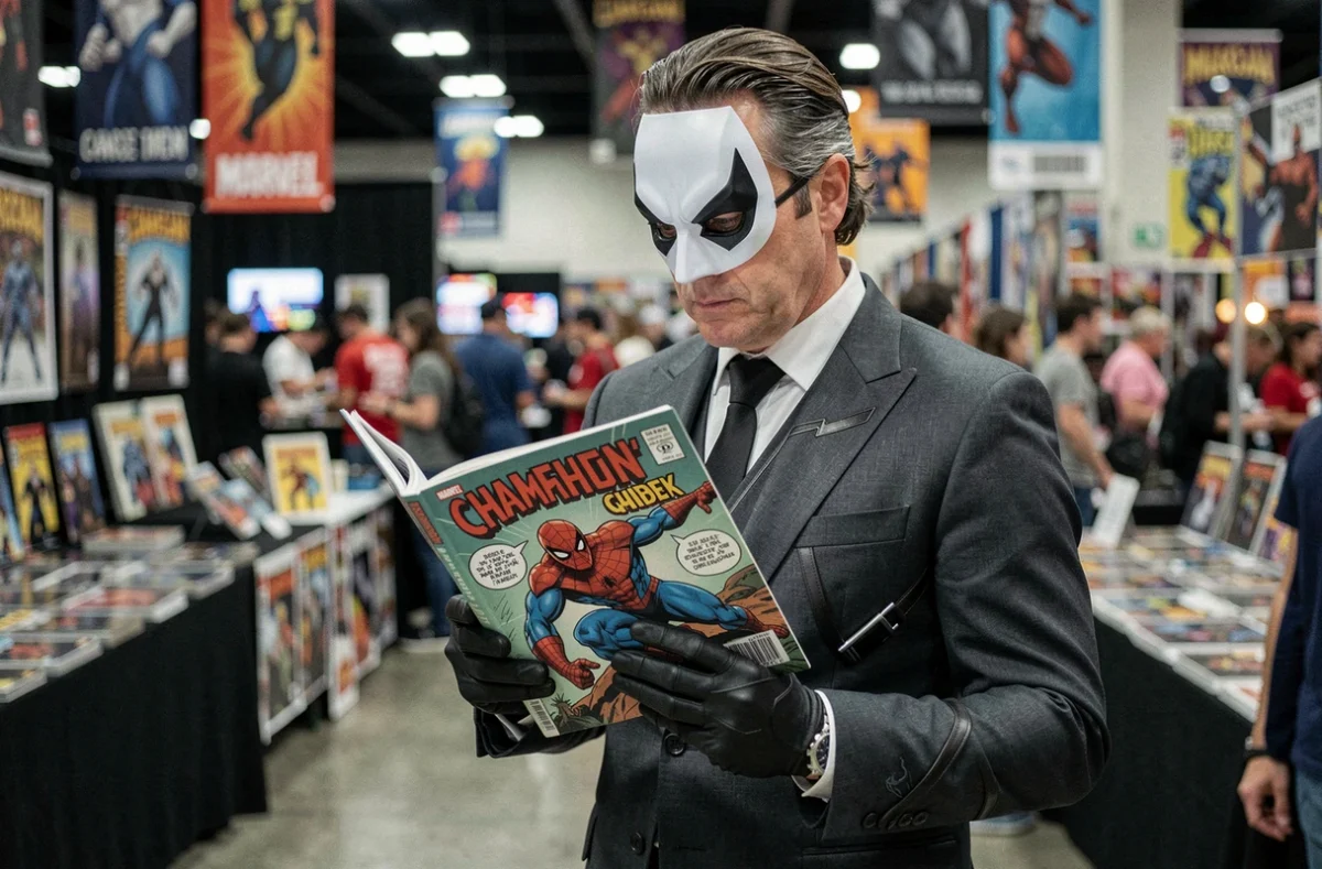 Cosplayeur déguisé en Caméléon Marvel lors d'une convention de comics, tenant un exemplaire de Spider-Man