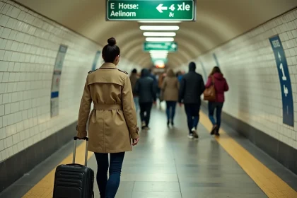 Femme avec valise dans un couloir de correspondance du métro parisien, signalétique ligne 1 et ligne 6 visible