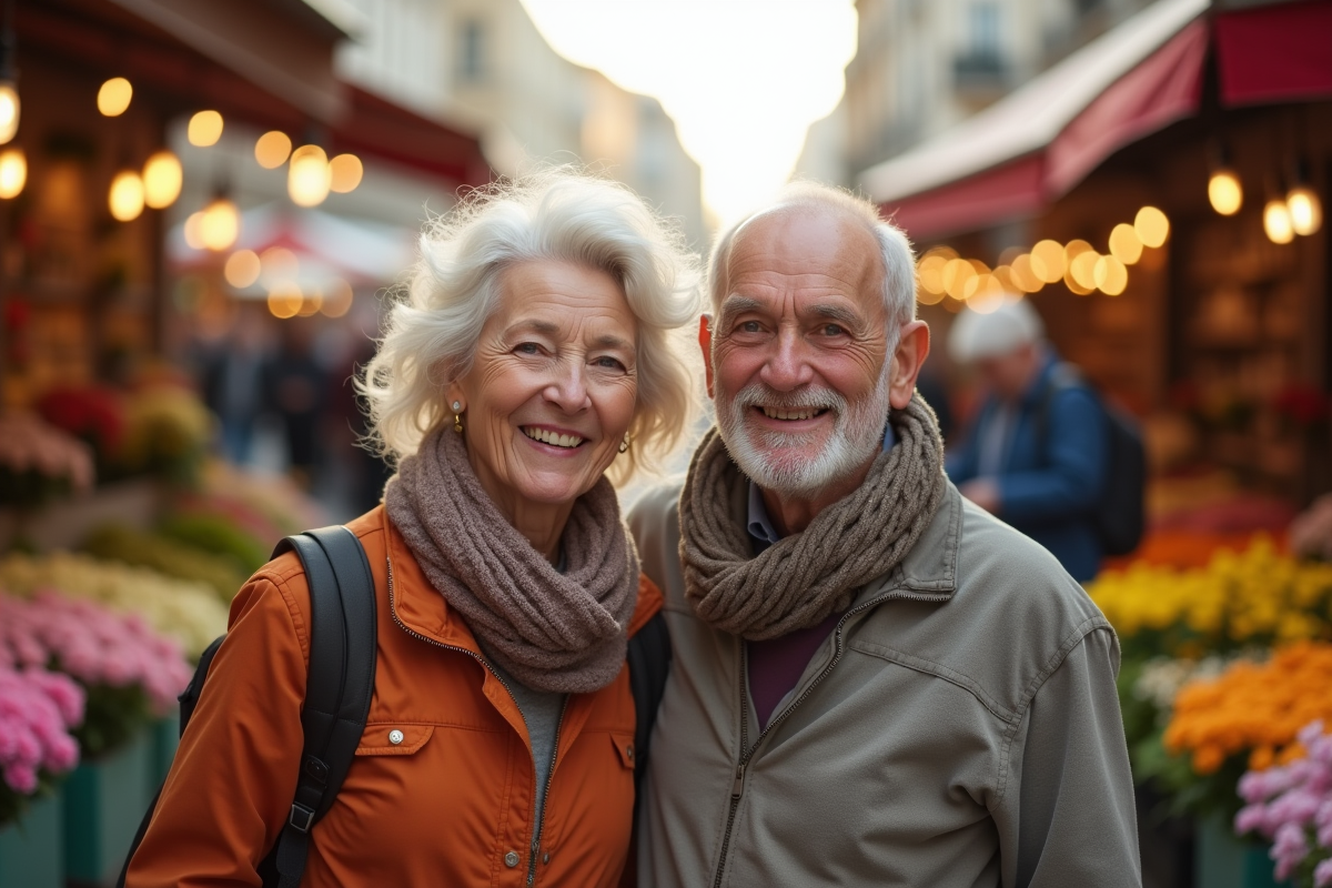 Couple mature souriant dans un marché aux fleurs en ville