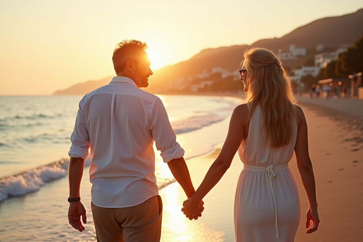 Couple mature main dans la main sur la côte méditerranéenne