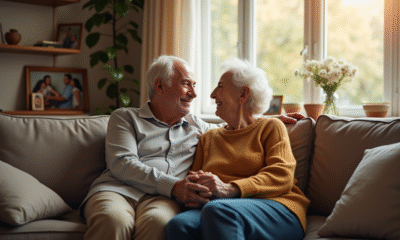 Couple senior souriant dans un salon chaleureux