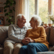 Couple senior souriant dans un salon chaleureux