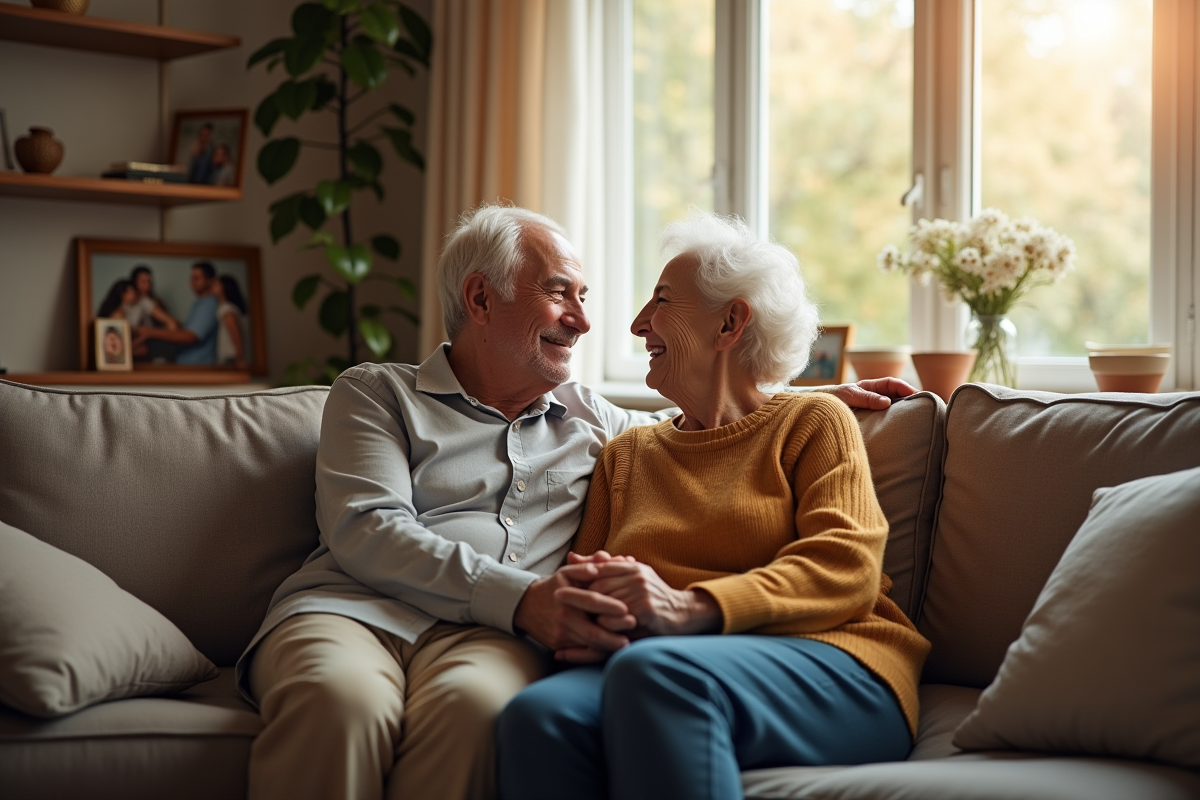 Couple senior souriant dans un salon chaleureux