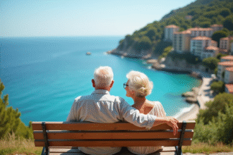 Couple senior souriant face à la mer en méditerranée