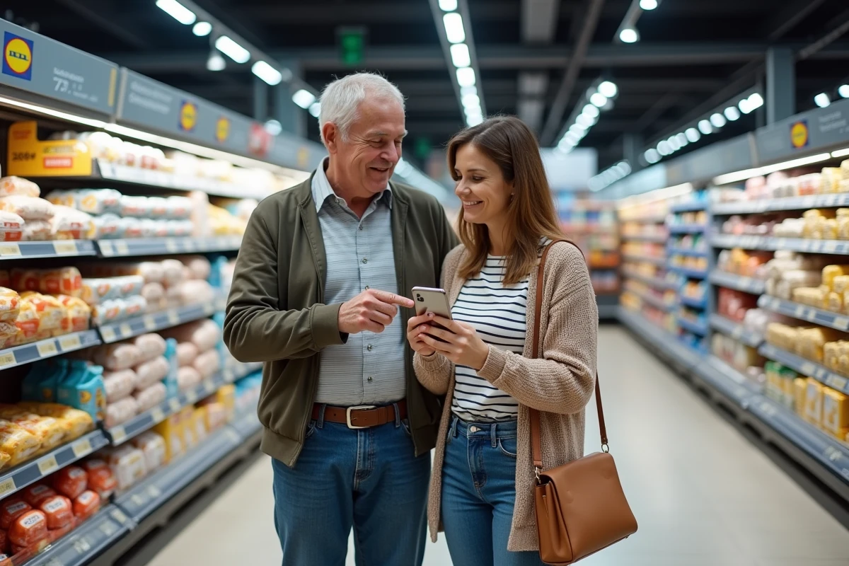 Couple découvrant un nouveau magasin Lidl lors de son ouverture en consultant leur téléphone