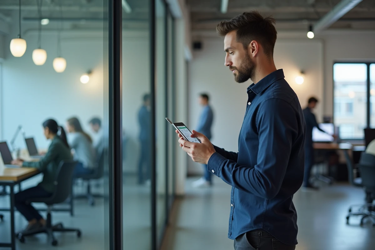 Jeune créateur de contenu consultant son tableau de bord de monétisation de blog sur smartphone dans un espace de coworking