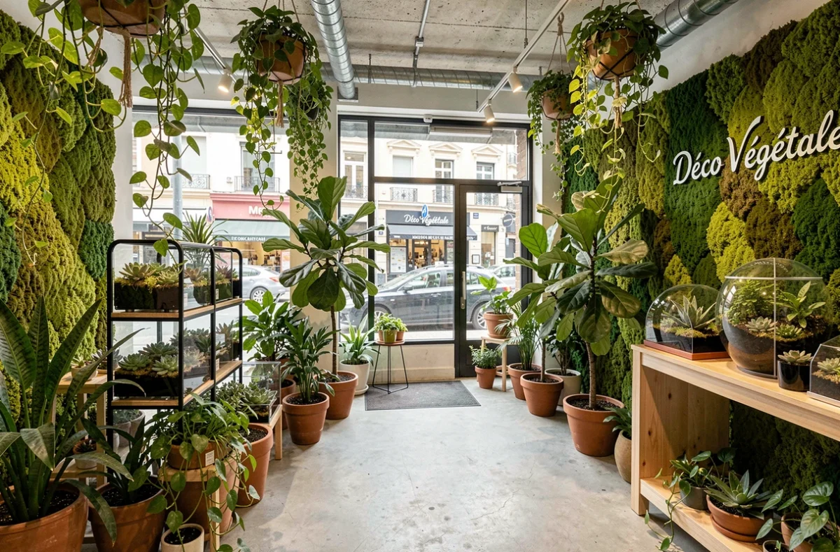 Intérieur de Déco Végétale à Nice, boutique spécialisée en décoration végétale avec des plantes suspendues, figuiers lyrata et murs de mousse