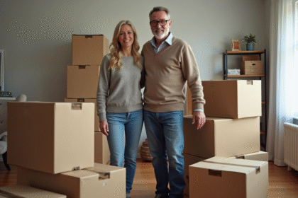 Couple souriant parmi cartons dans un salon chaleureux