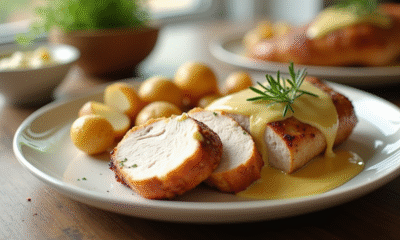 Filet de dinde au four tranché avec sauce moutarde et pommes de terre