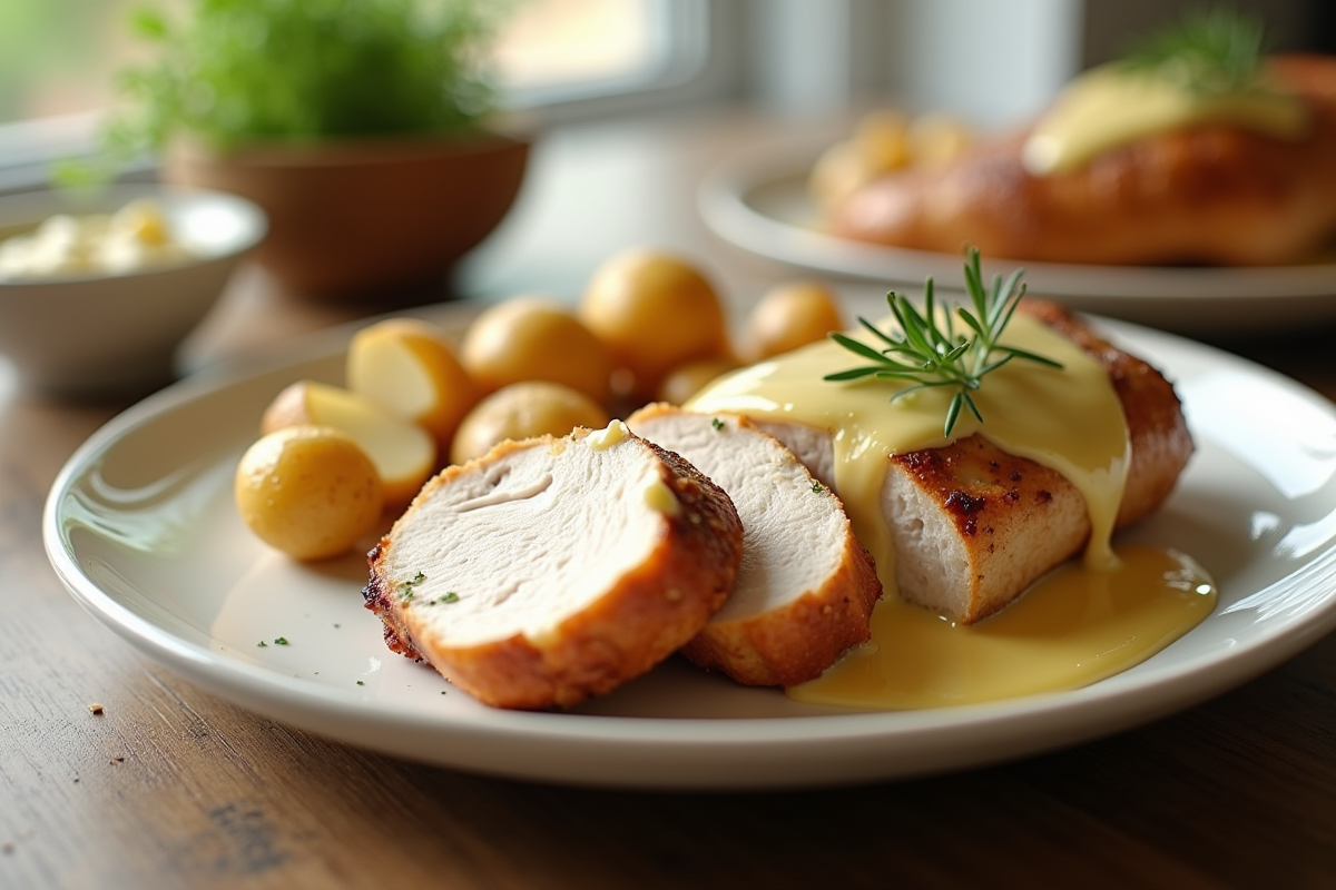 Filet de dinde au four tranché avec sauce moutarde et pommes de terre