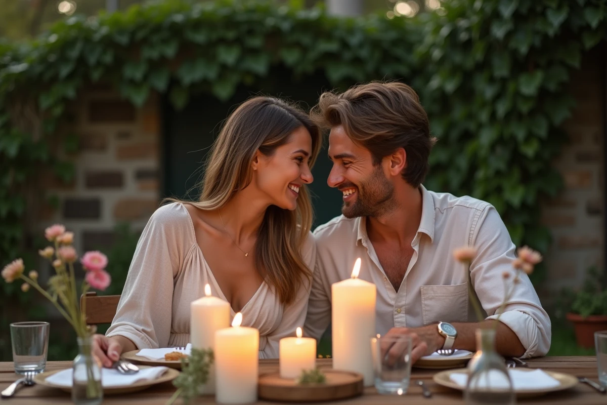 Dîner aux chandelles en plein air pour un couple dans un jardin romantique avec des bougies pilier et des fleurs sauvages sur une table en bois rustique