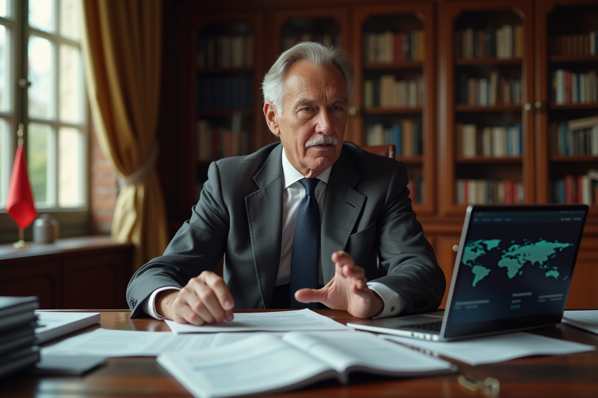 Economiste plus âgé discutant de données financières dans un bureau élégant