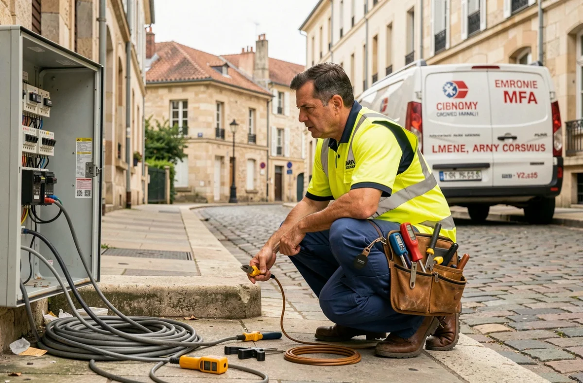 Électricien d'urgence intervenant devant un tableau électrique dans une rue bordelaise en Gironde