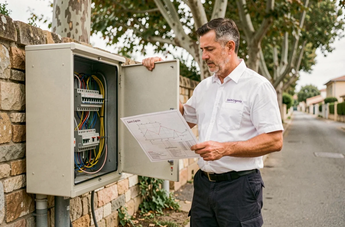 Stéphane Maynard électricien consultant un schéma électrique devant un coffret de distribution à Saint-Caprais-de-Bordeaux