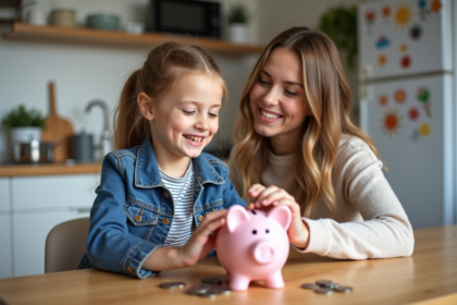 Fille souriante de huit ans mettant des pièces dans une tirelire avec sa mère