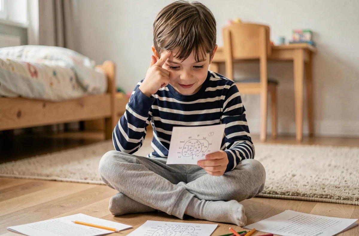 Jeune garçon concentré en train de réfléchir à une devinette logique difficile