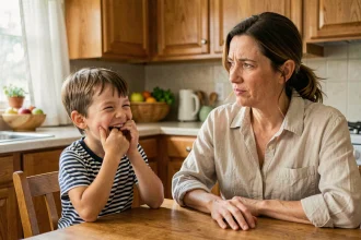 Enfant qui rigole en disant un mot interdit à table pendant que sa mère réagit calmement dans une cuisine familiale