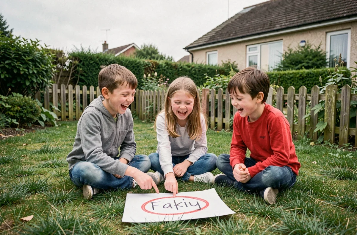 Groupe d'enfants qui rient autour d'un dessin humoristique dans un jardin, illustrant le langage tabou chez les jeunes