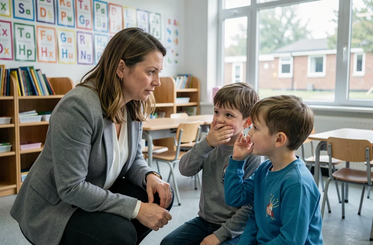 Enseignante gérant une situation humoristique avec des élèves dans une salle de classe colorée à l'école primaire