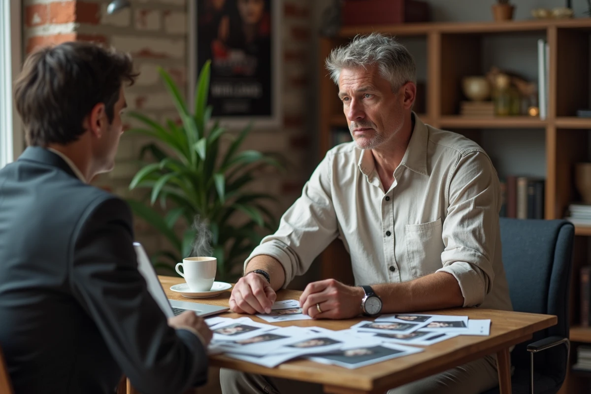 Homme figurant en entretien avec un directeur de casting dans un bureau de production cinématographique