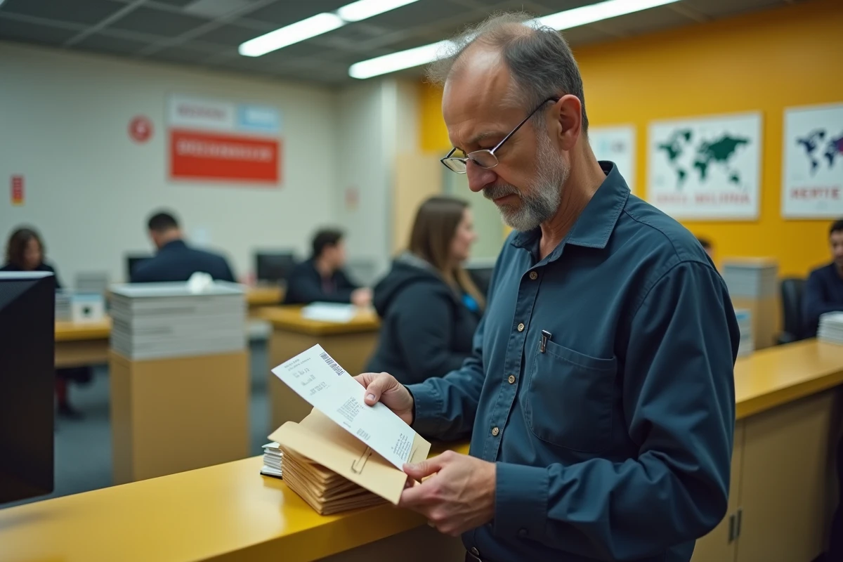 Homme au guichet de la poste tenant des enveloppes pour un envoi à l'étranger