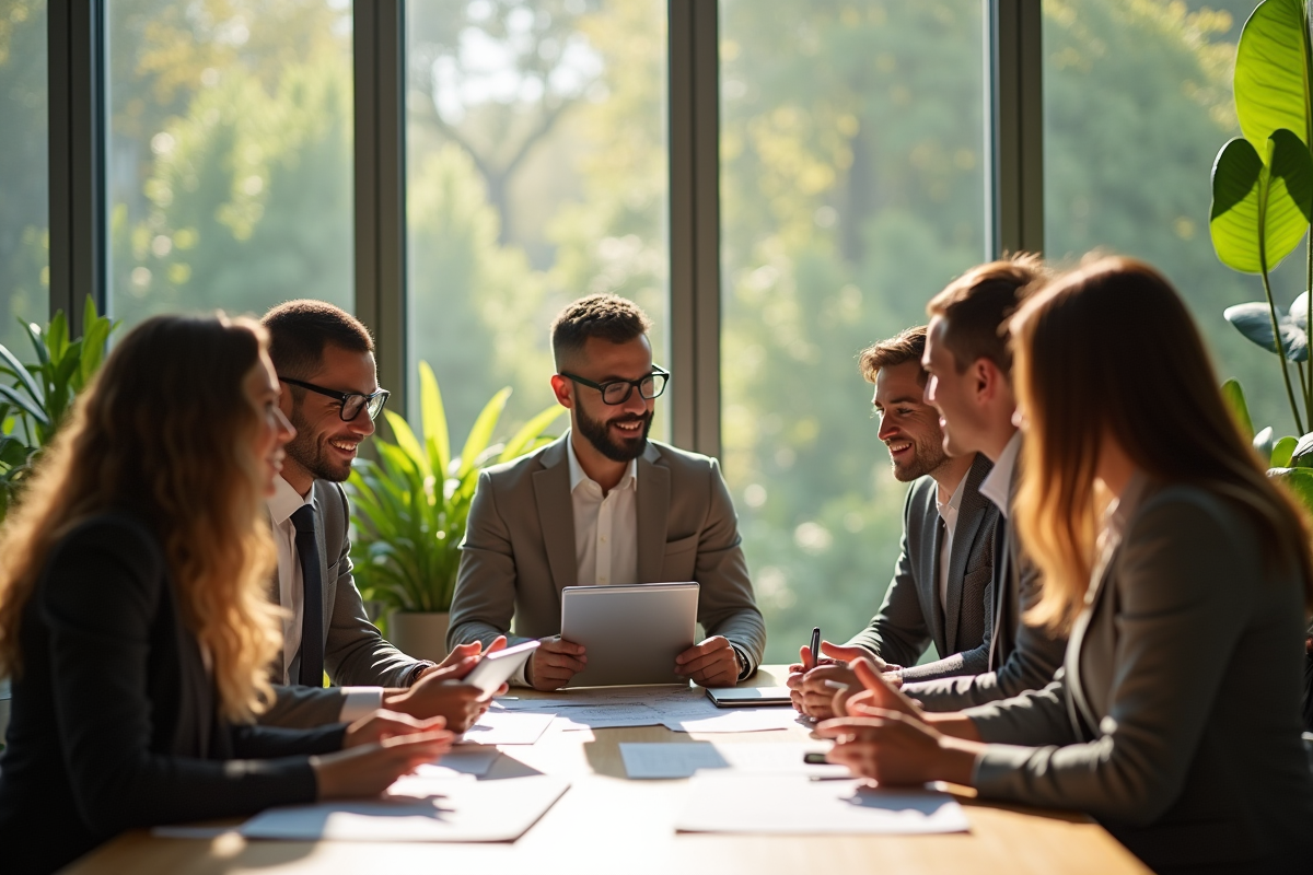Équipes d'affaires dans un bureau écologique discutant durabilité