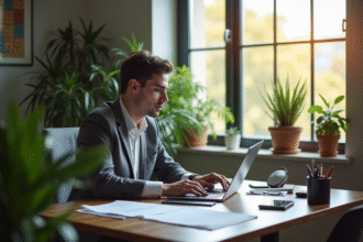 Espace de travail professionnel à domicile avec personne en tenue d'affaires