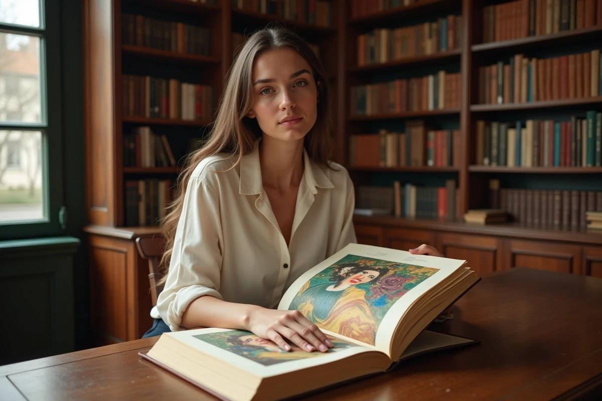 Jeune femme étudiant un livre d'art sur les peintres français du 20ème siècle dans une bibliothèque parisienne