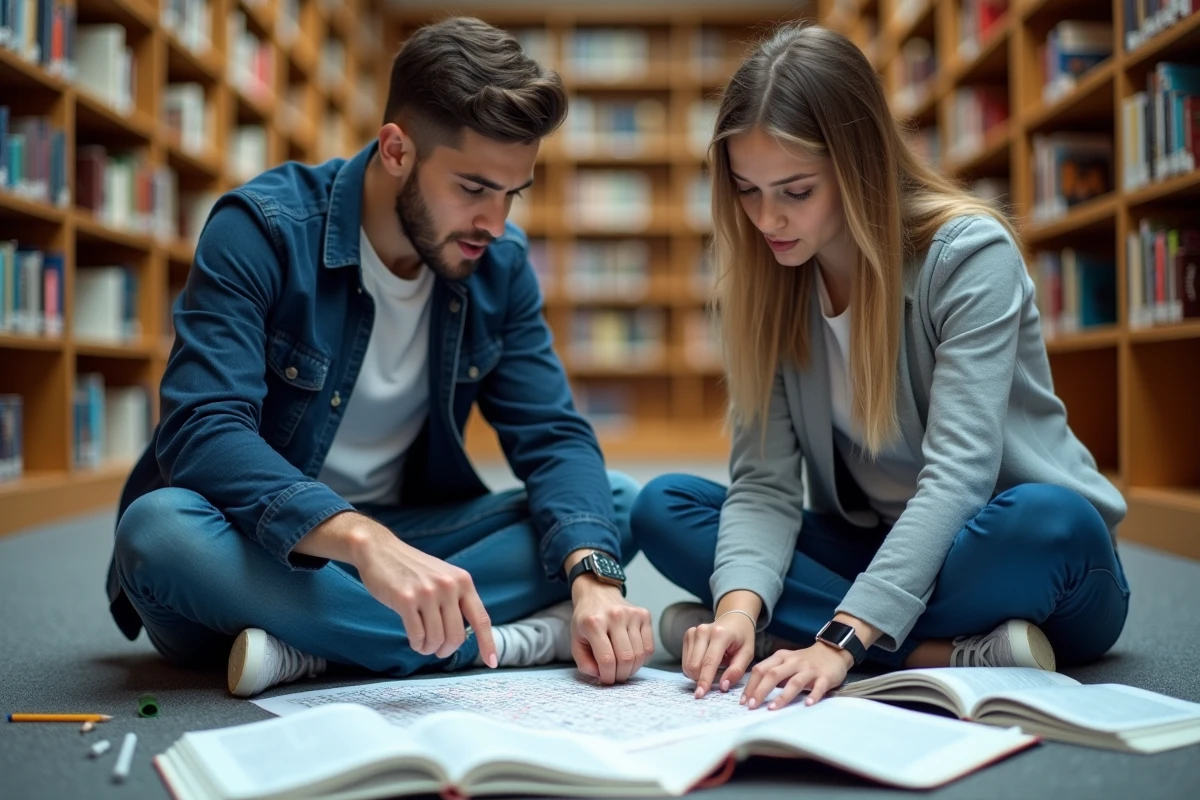 Deux étudiants collaborant pour repérer les bons indices dans un puzzle cimantix en bibliothèque