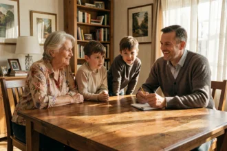 Famille réunie autour d'une table en bois pour jouer à des devinettes logiques ensemble