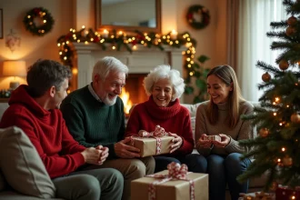 Famille multigénérationnelle réunie autour d'un sapin de Noël décoré pour célébrer les fêtes de fin d'année 2026