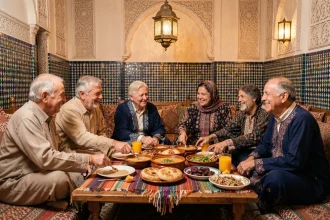 Famille marocaine réunie autour d'une table de ftour avec harira, dattes et pâtisseries traditionnelles pendant le Ramadan