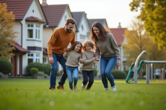 Famille de quatre jouant dans un parc suburbain en famille