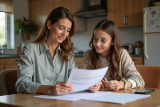 Femme adulte et adolescente avec documents à la maison