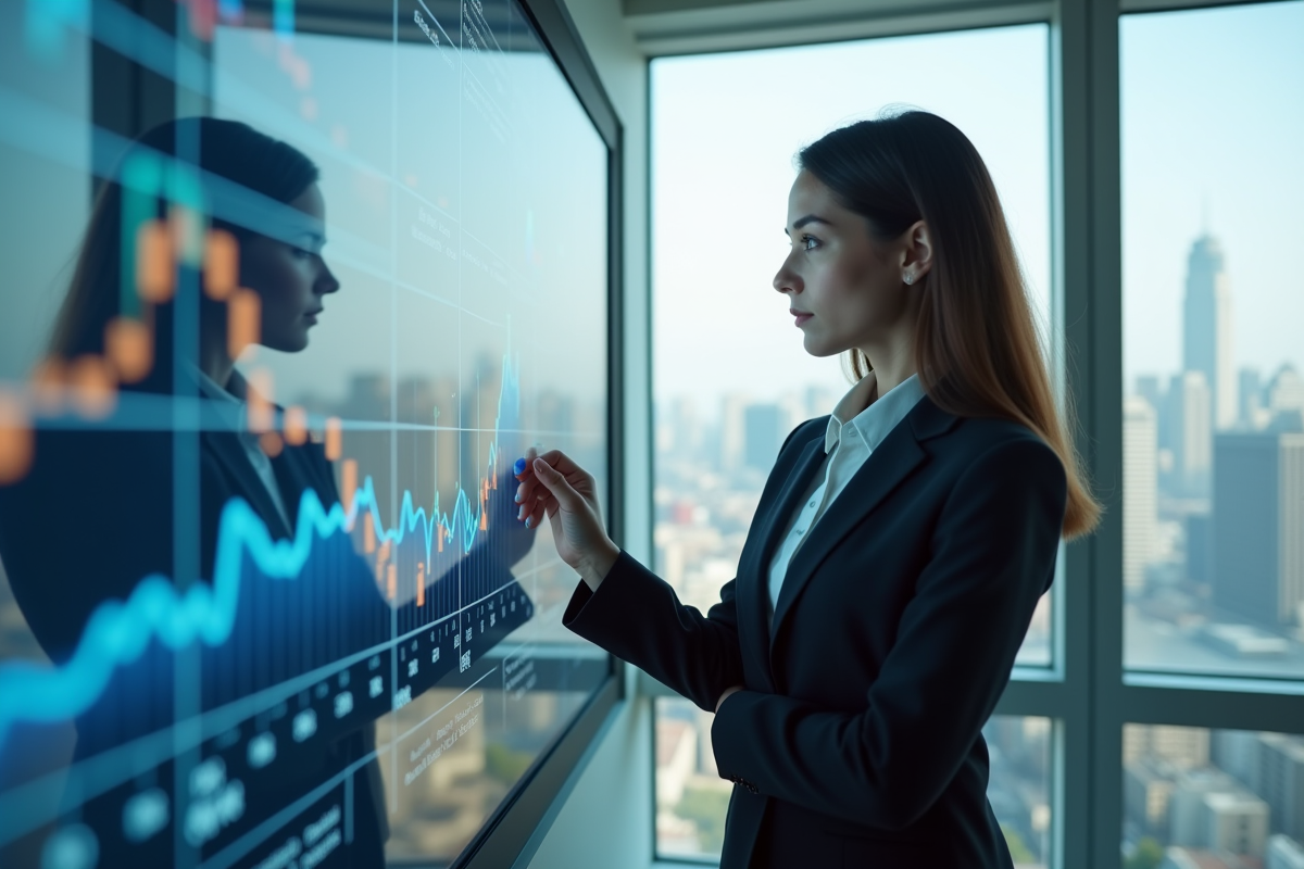 Jeune femme d'affaires analysant des graphiques AI dans un bureau moderne