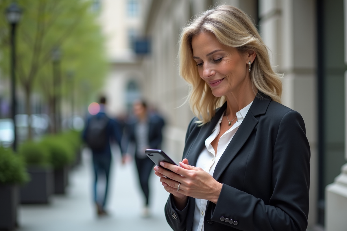 Femme professionnelle utilisant son smartphone devant un bâtiment