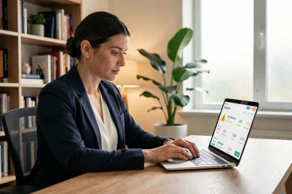 Femme analysant un indice de confiance faible sur un site web depuis son bureau à domicile