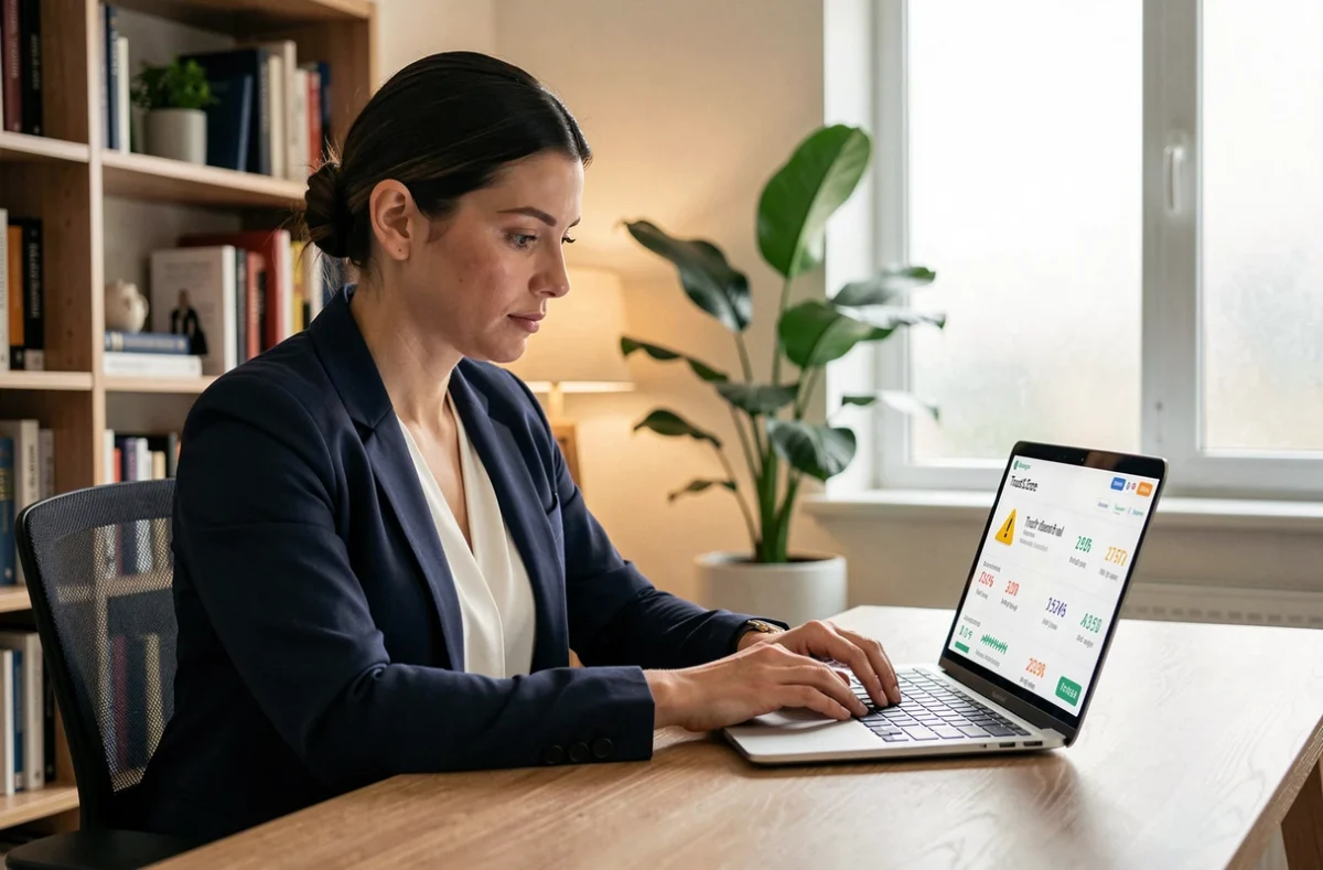 Femme analysant un indice de confiance faible sur un site web depuis son bureau à domicile